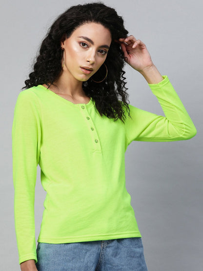 Women's Neon Green Full Sleeve Henley T-Shirt