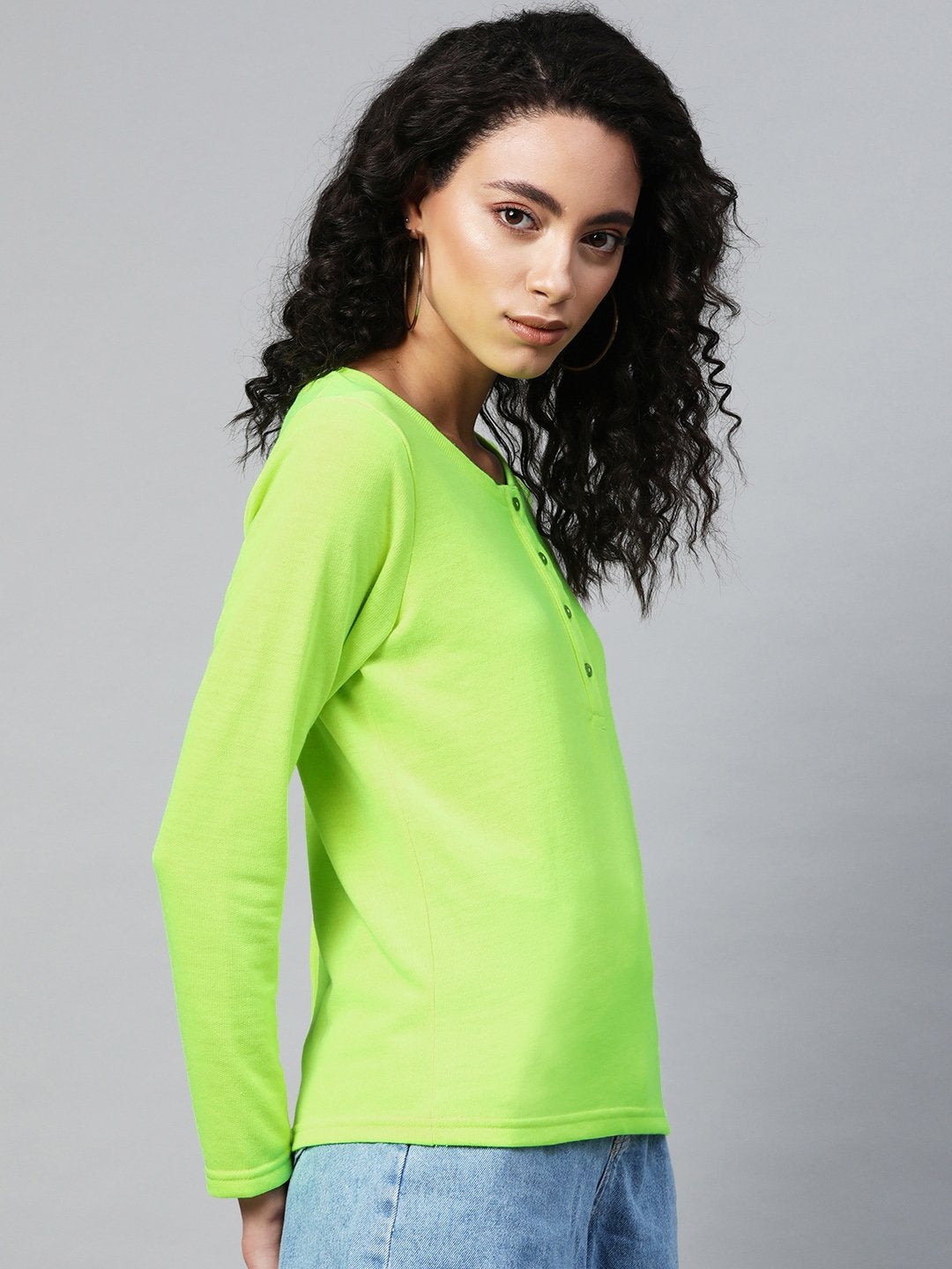 Women's Neon Green Full Sleeve Henley T-Shirt