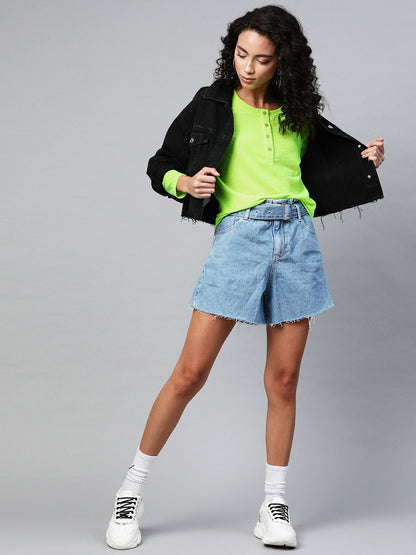 Women's Neon Green Full Sleeve Henley T-Shirt