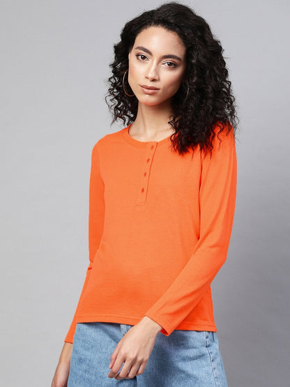 Women's Neon Orange Full Sleeve Henley T-Shirt