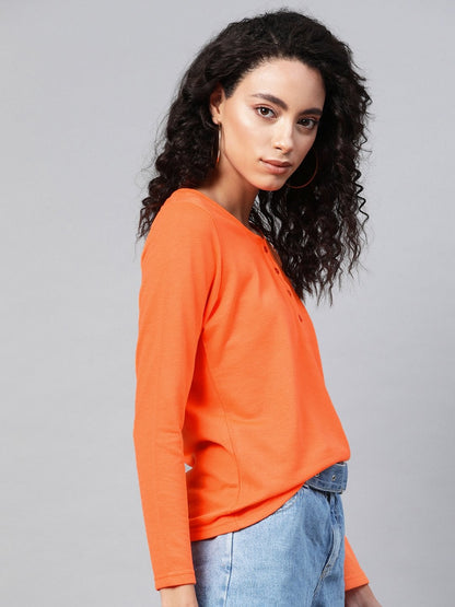 Women's Neon Orange Full Sleeve Henley T-Shirt
