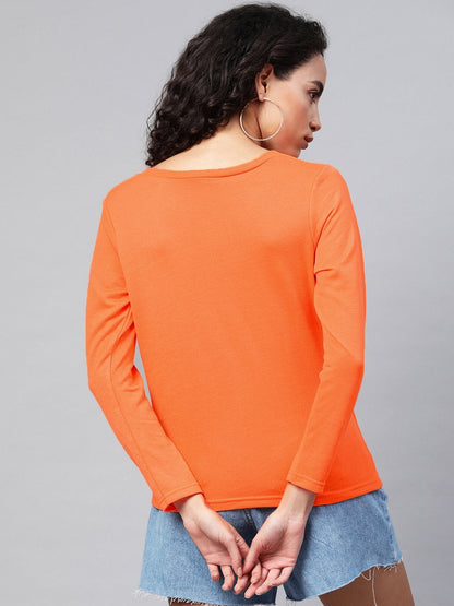 Women's Neon Orange Full Sleeve Henley T-Shirt