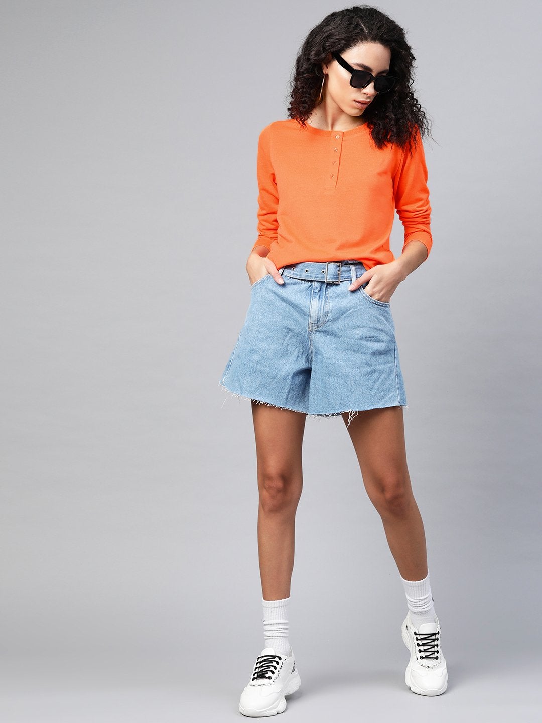 Women's Neon Orange Full Sleeve Henley T-Shirt