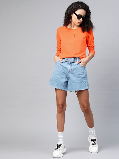 Women's Neon Orange Full Sleeve Henley T-Shirt