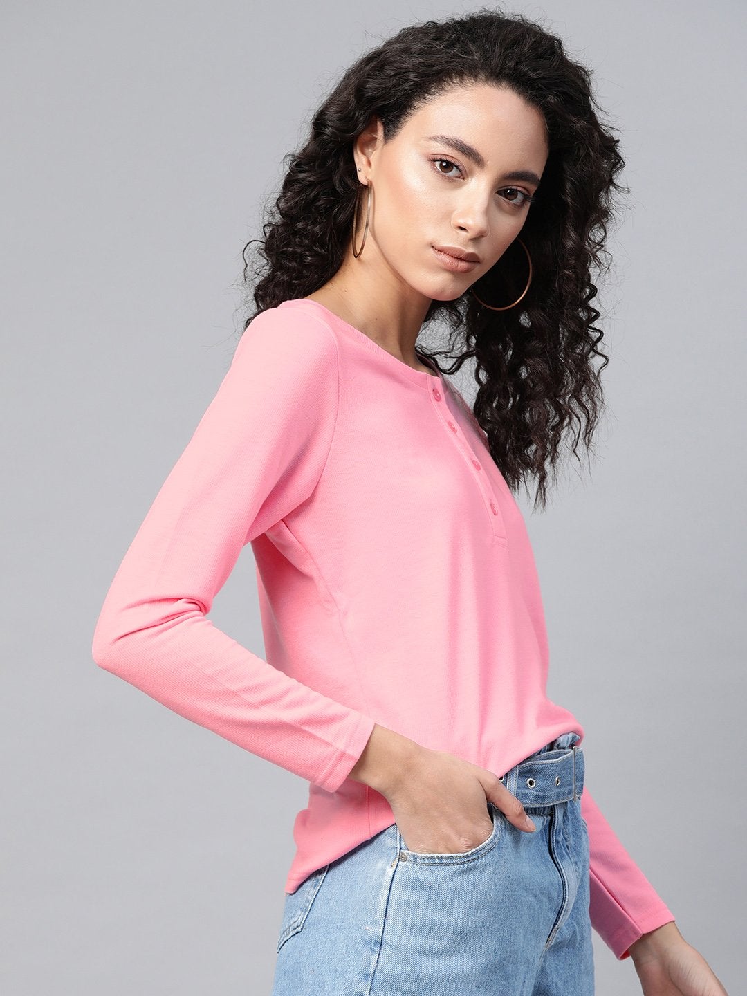 Women's Pink Full Sleeve Henley T-Shirt