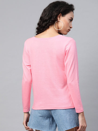 Women's Pink Full Sleeve Henley T-Shirt