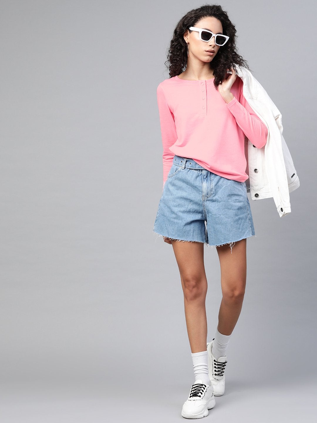 Women's Pink Full Sleeve Henley T-Shirt