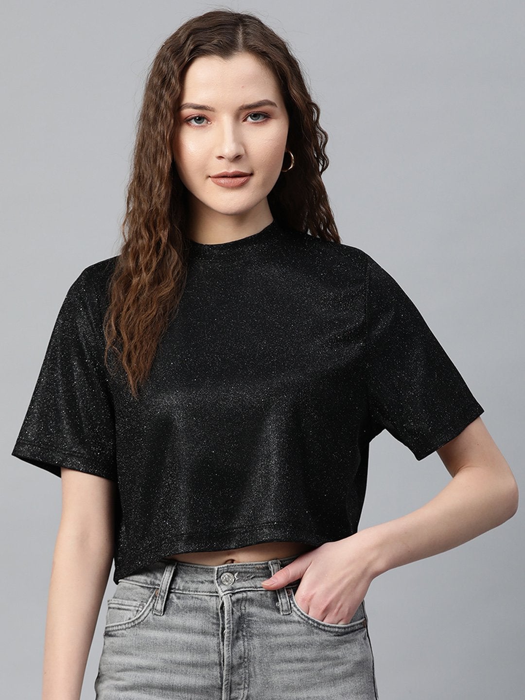 Women's Black Lurex Boxy Top