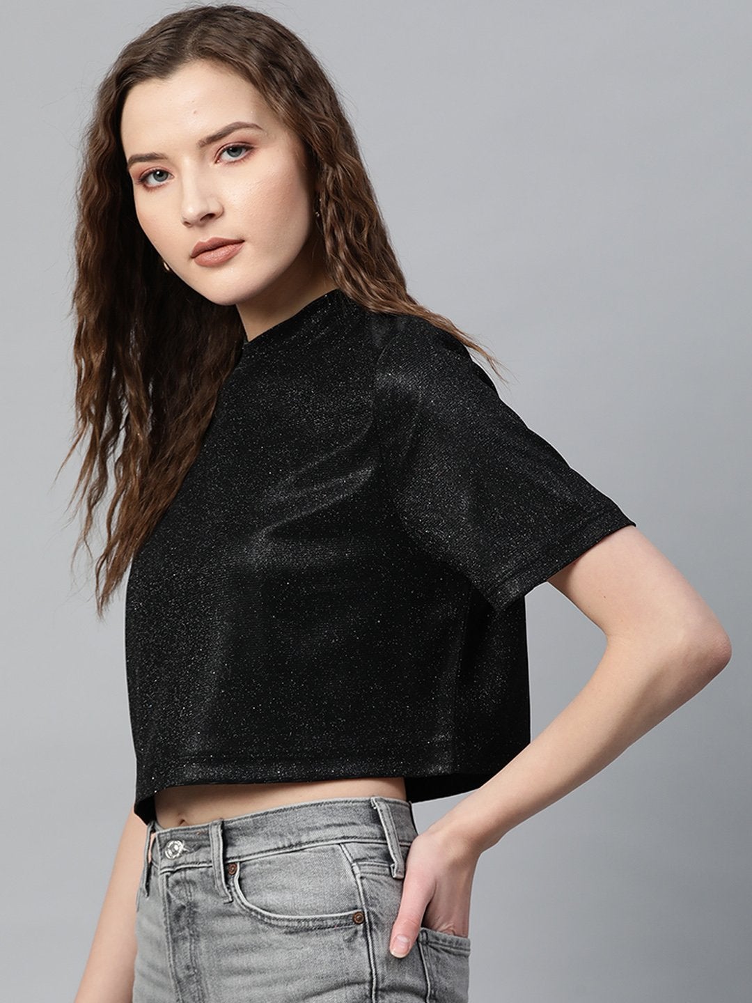 Women's Black Lurex Boxy Top