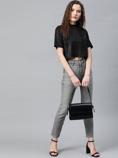 Women's Black Lurex Boxy Top