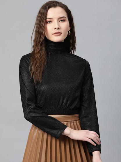 Women's Black Lurex High Neck Top