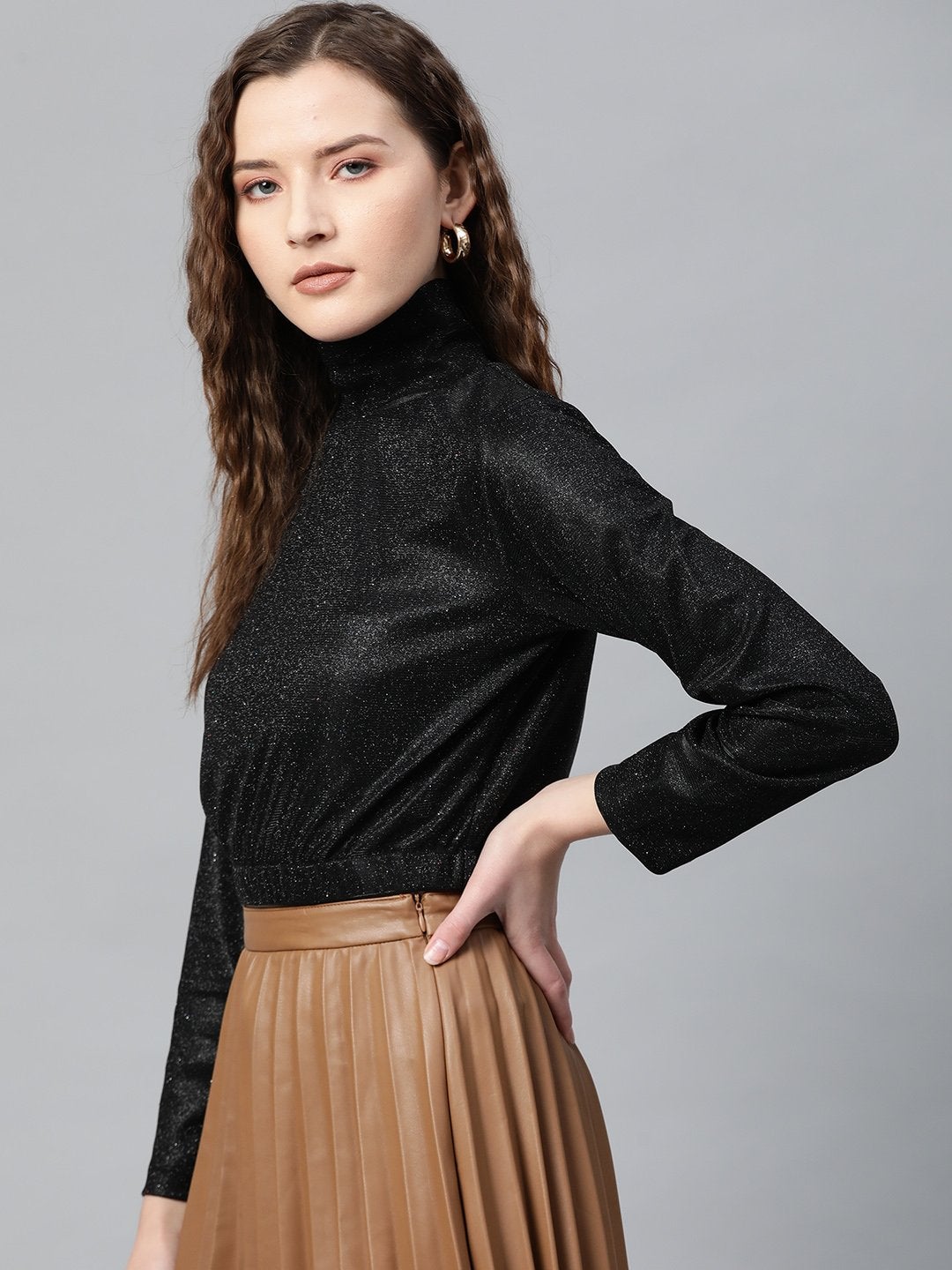 Women's Black Lurex High Neck Top