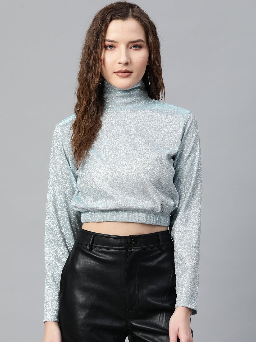 Women's Blue Lurex High Neck Top