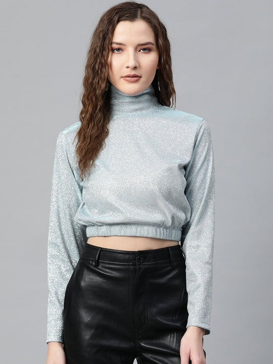 Women's Blue Lurex High Neck Top
