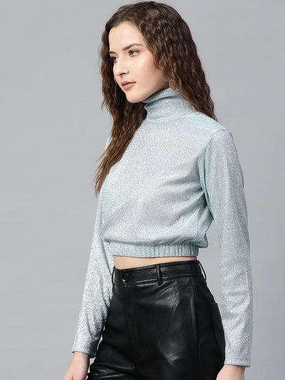Women's Blue Lurex High Neck Top