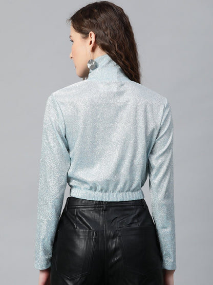 Women's Blue Lurex High Neck Top