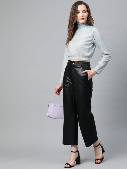 Women's Blue Lurex High Neck Top