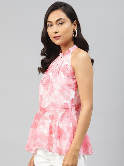 Women's Pink Floral Halter Neck Peplum Top