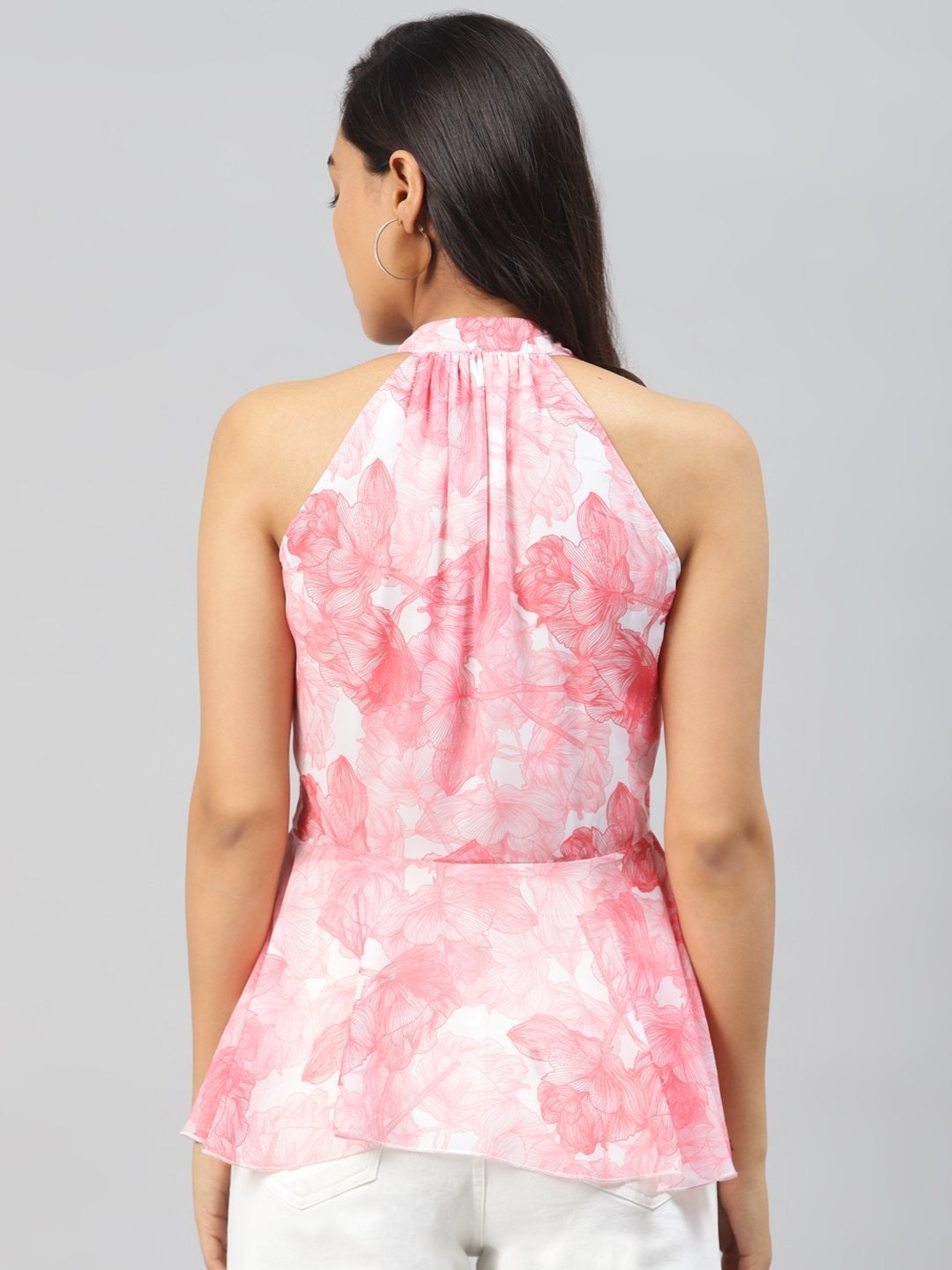 Women's Pink Floral Halter Neck Peplum Top