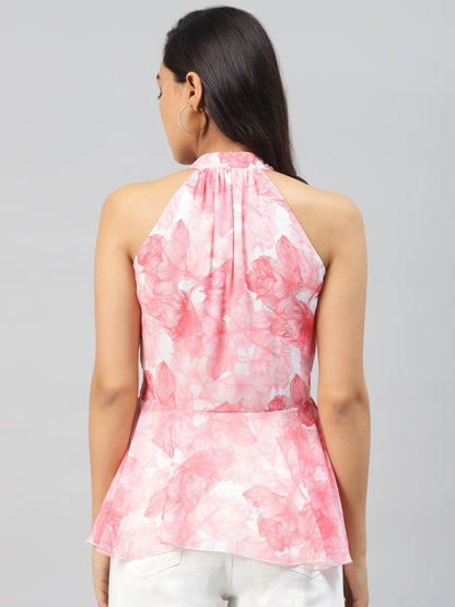Women's Pink Floral Halter Neck Peplum Top