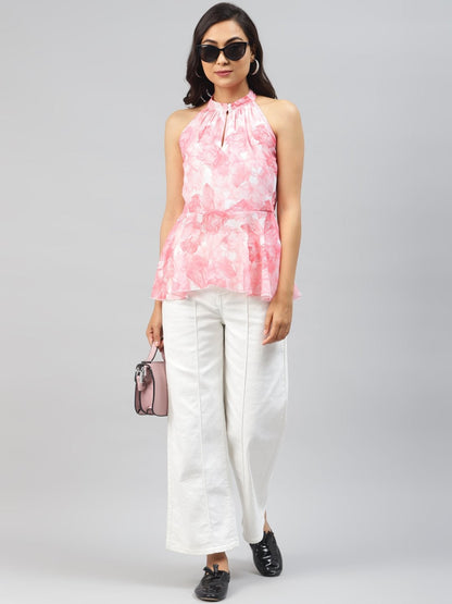 Women's Pink Floral Halter Neck Peplum Top
