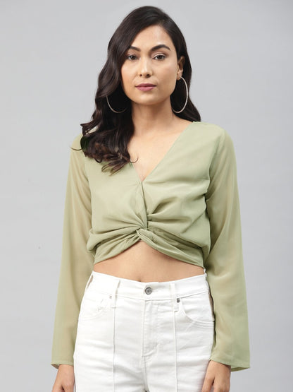 Women's Olive Front Twisted Crop Top