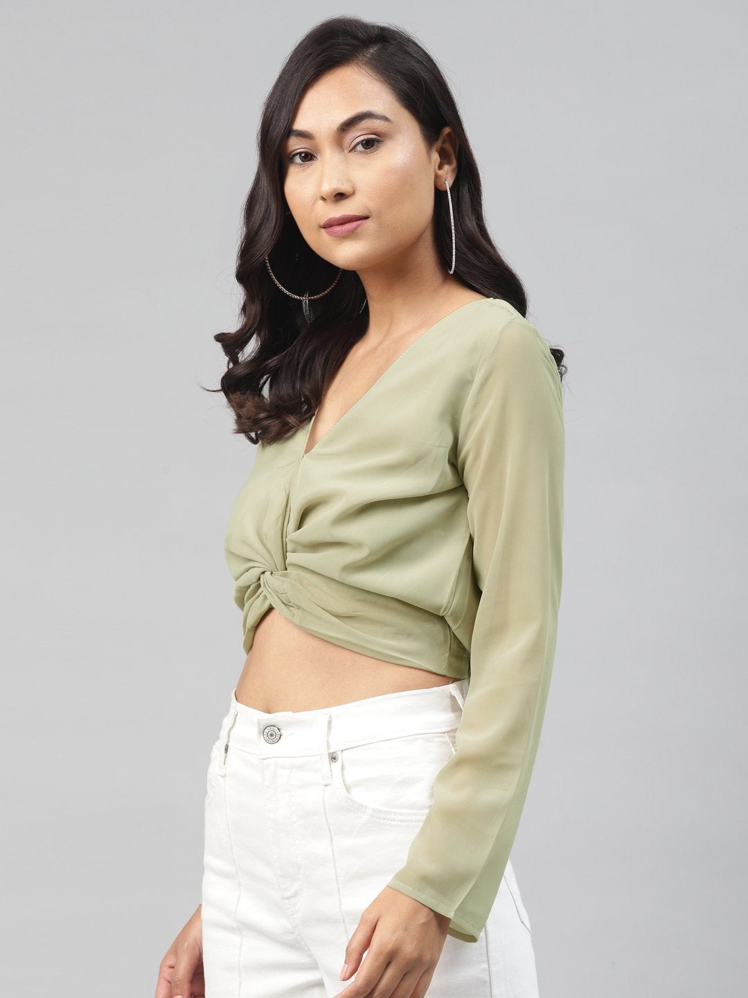 Women's Olive Front Twisted Crop Top