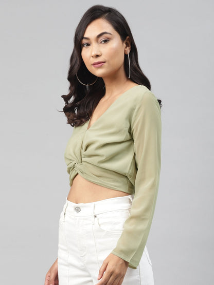 Women's Olive Front Twisted Crop Top