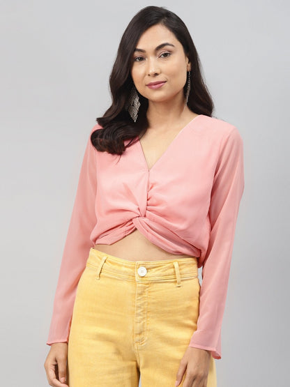 Women's Pink Front Twisted Crop Top
