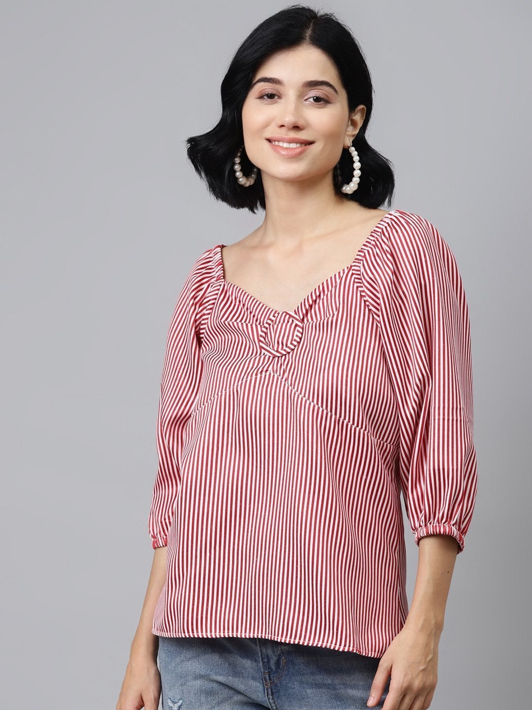 Women's Red Stripes Puff Sleeves Top