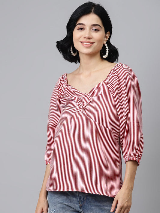 Women's Red Stripes Puff Sleeves Top