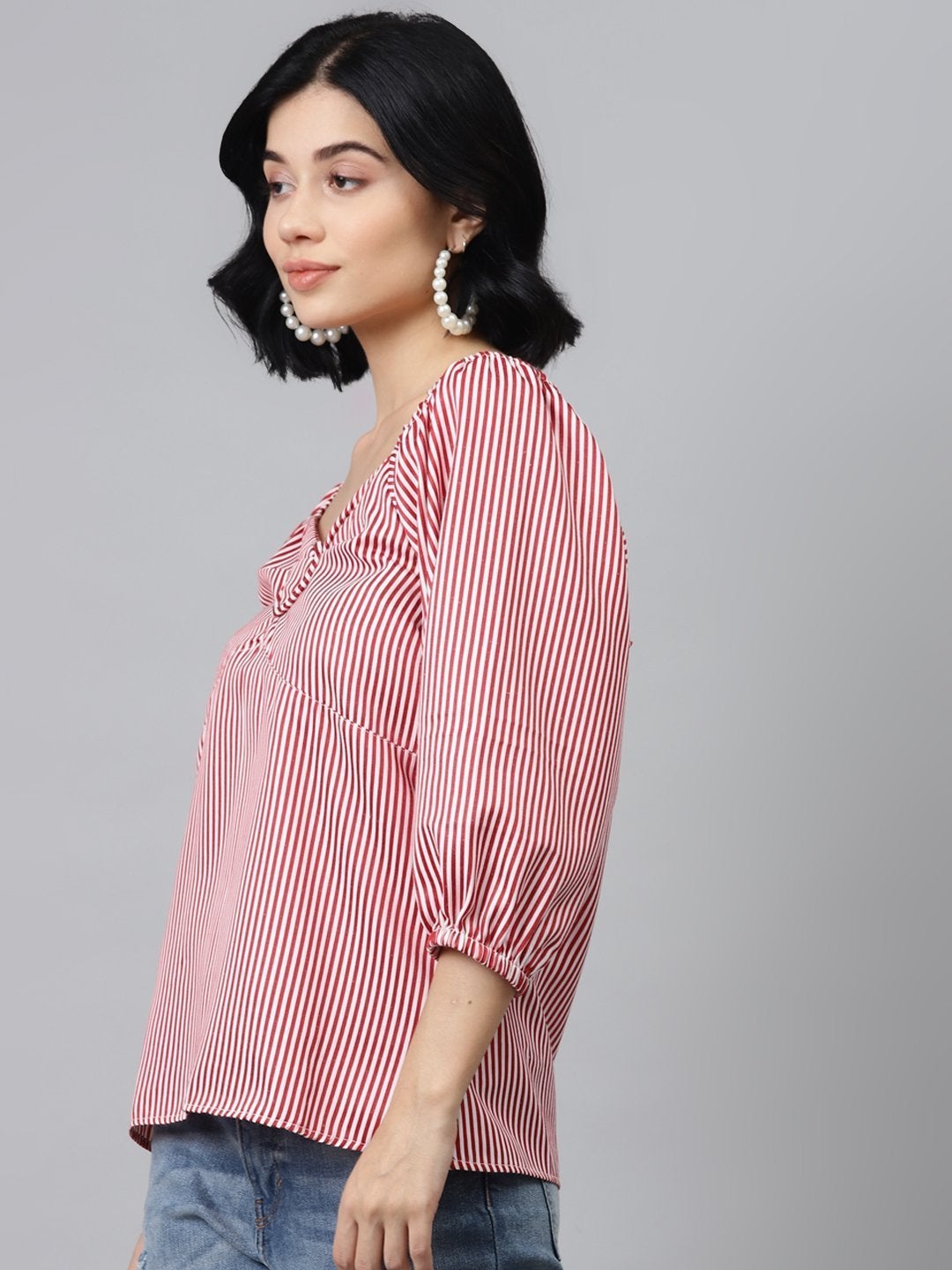 Women's Red Stripes Puff Sleeves Top