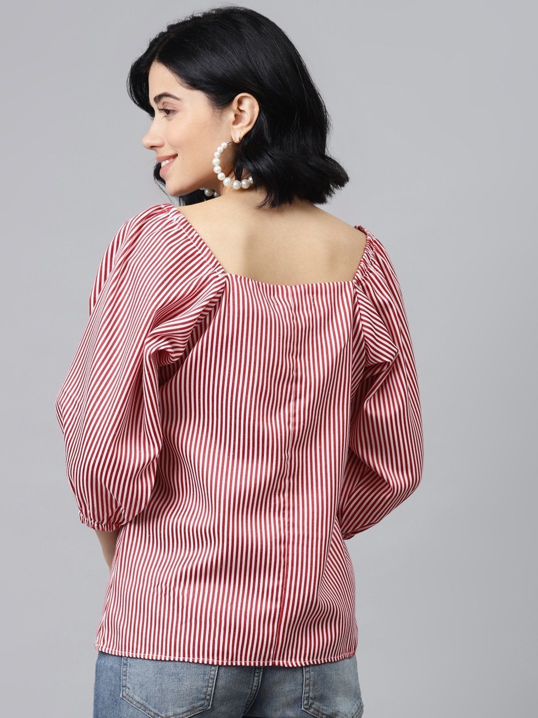 Women's Red Stripes Puff Sleeves Top