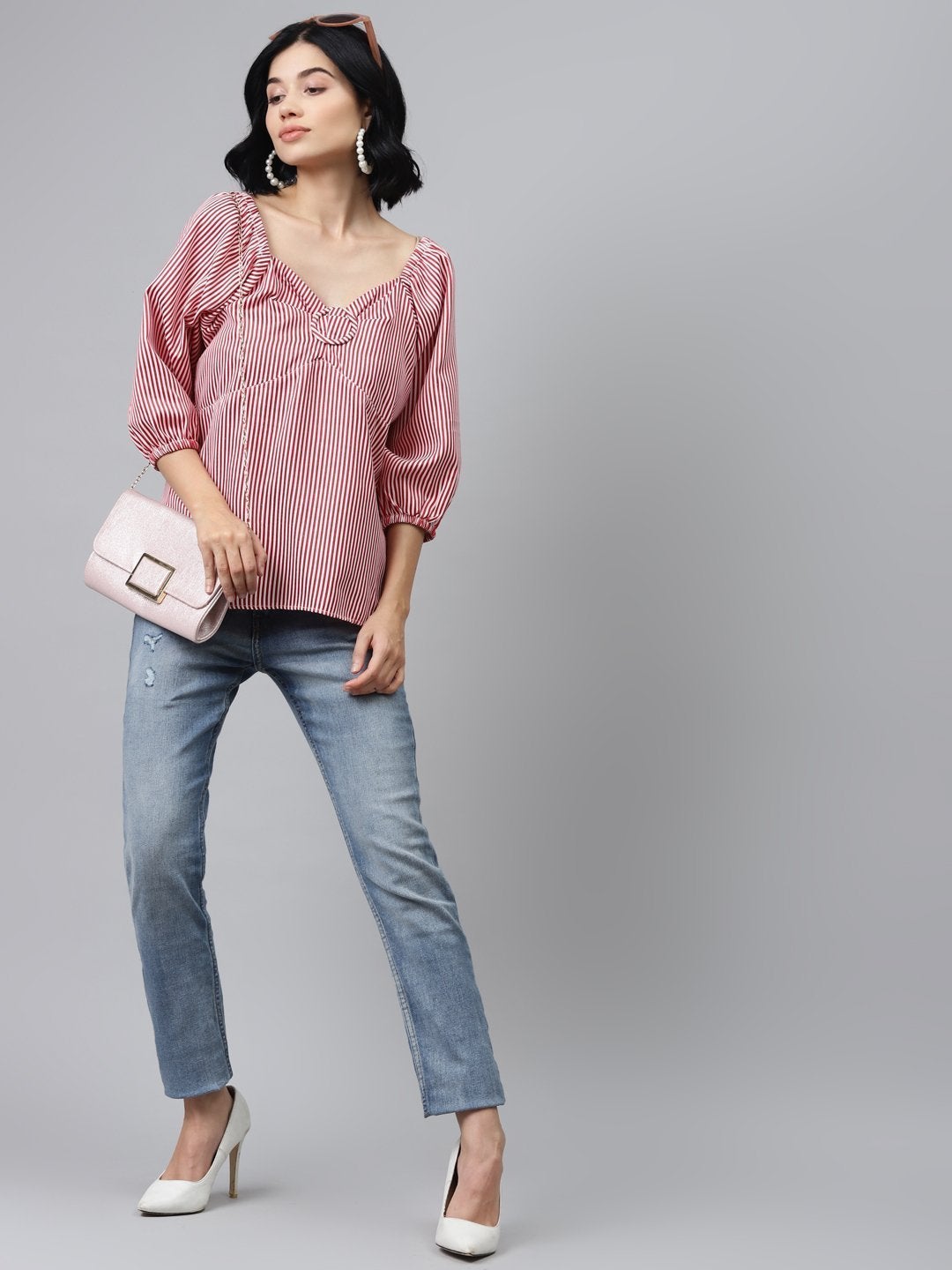 Women's Red Stripes Puff Sleeves Top