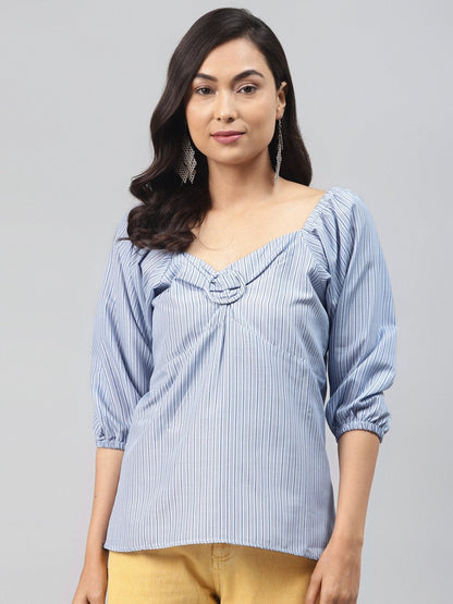 Women's Blue Stripe Puff Sleeve Top