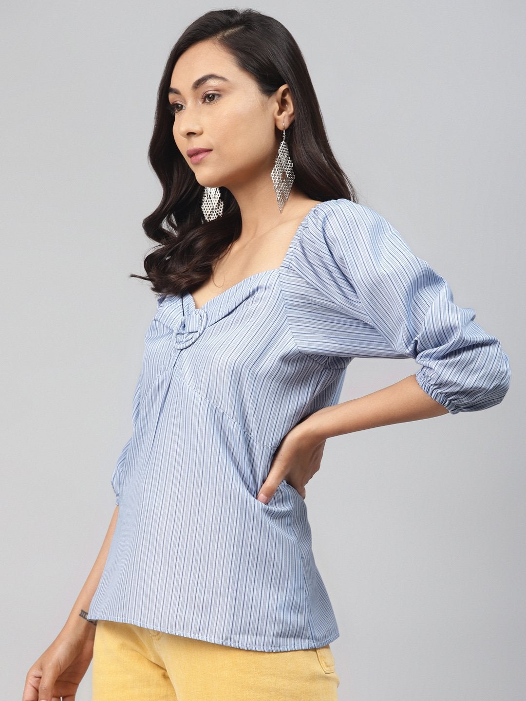 Women's Blue Stripe Puff Sleeve Top