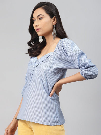 Women's Blue Stripe Puff Sleeve Top