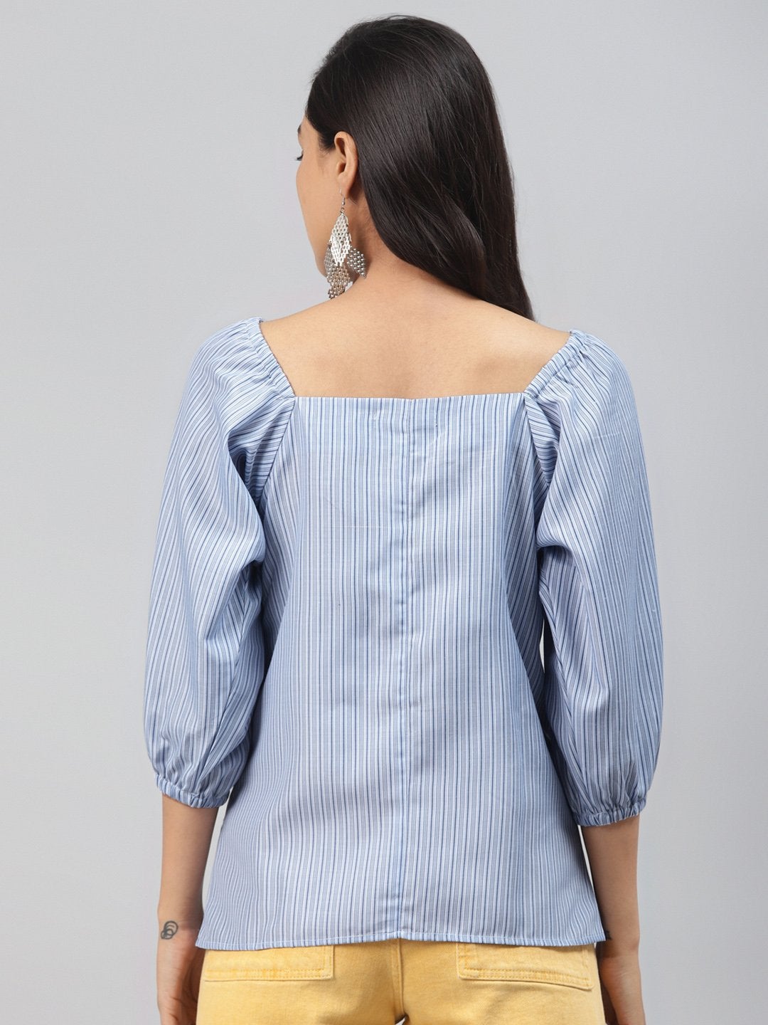 Women's Blue Stripe Puff Sleeve Top