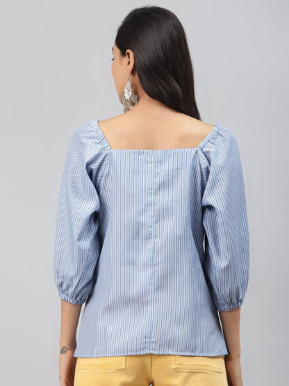Women's Blue Stripe Puff Sleeve Top