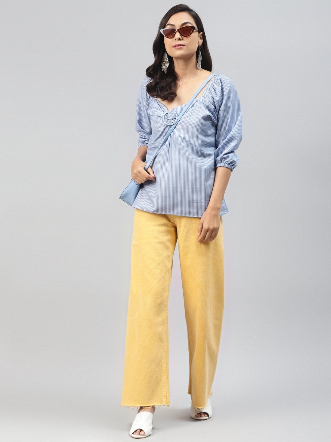 Women's Blue Stripe Puff Sleeve Top