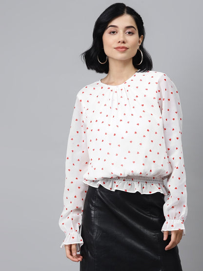 Women's White Smocking Top With Red Hearts