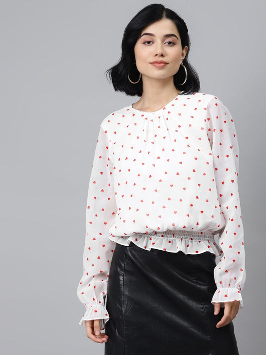 Women's White Smocking Top With Red Hearts