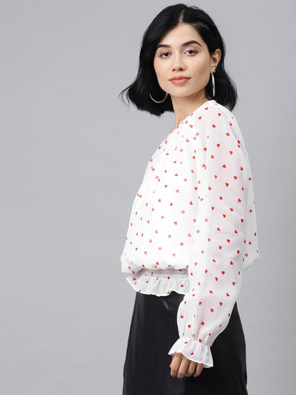 Women's White Smocking Top With Red Hearts