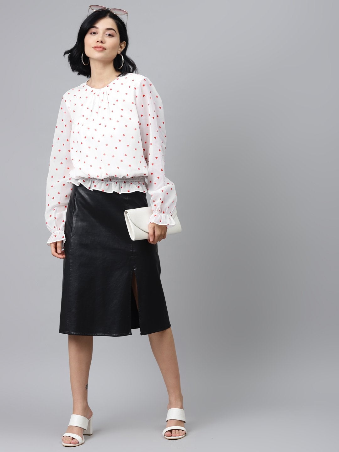 Women's White Smocking Top With Red Hearts