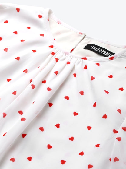 Women's White Smocking Top With Red Hearts