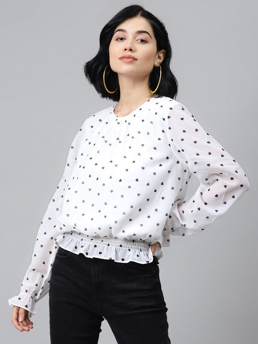 Women's White Smocking Top With Black Hearts