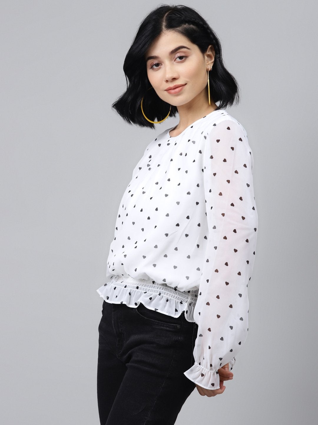 Women's White Smocking Top With Black Hearts