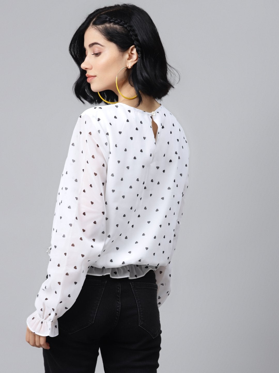 Women's White Smocking Top With Black Hearts