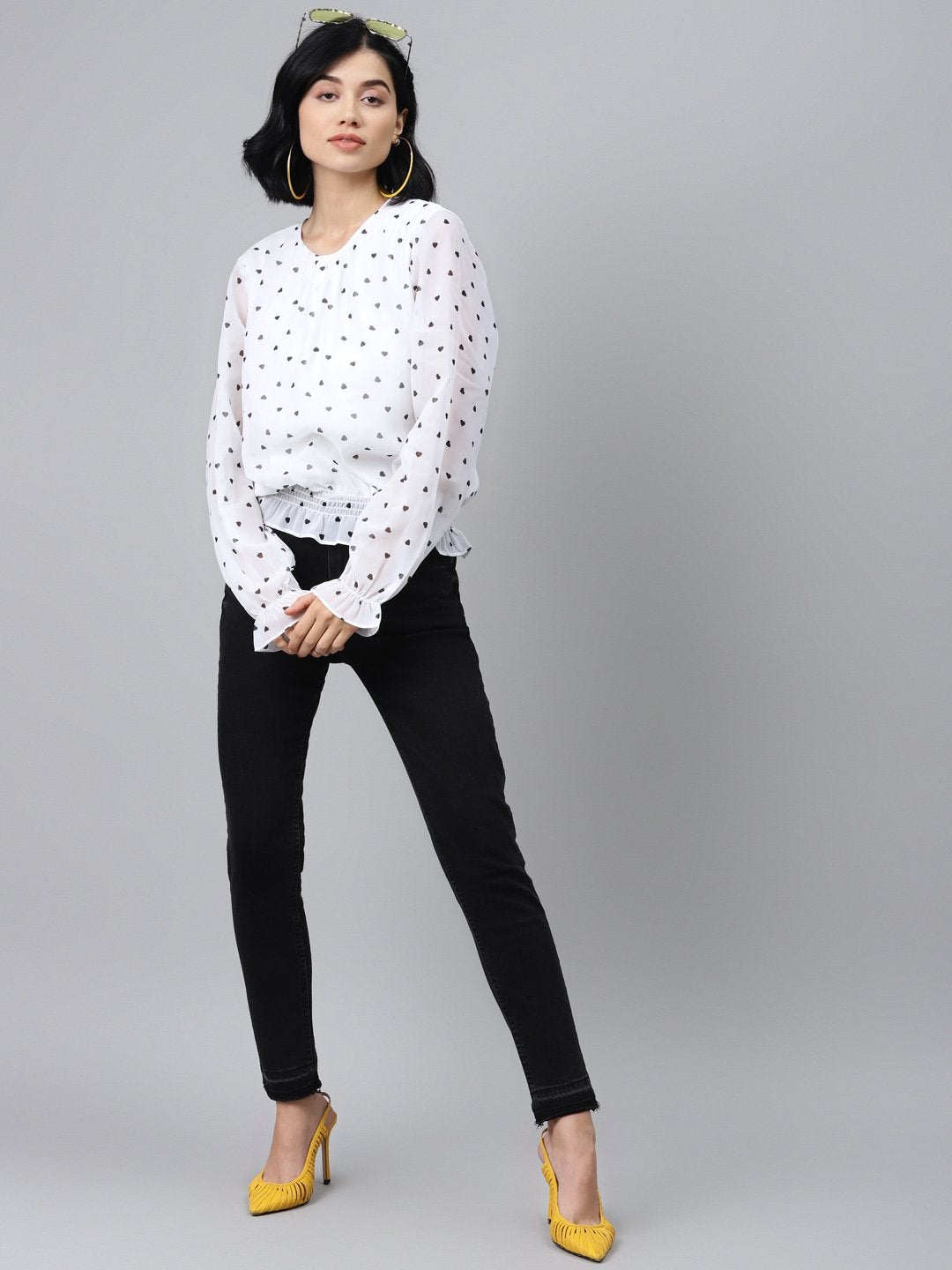 Women's White Smocking Top With Black Hearts