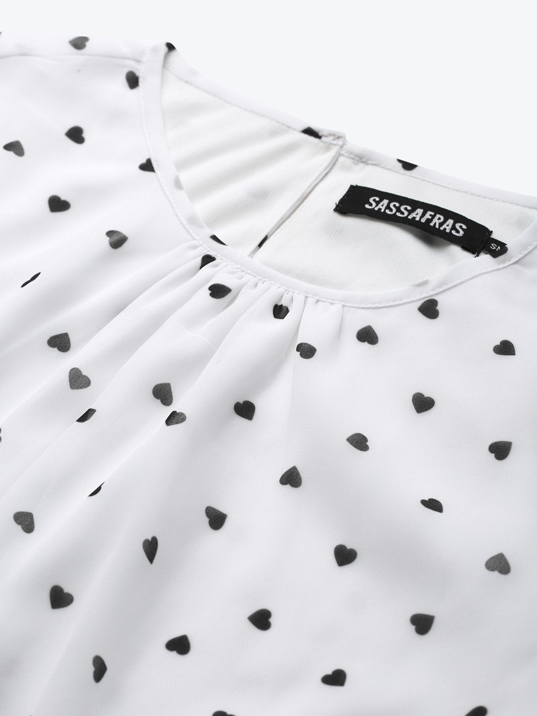 Women's White Smocking Top With Black Hearts